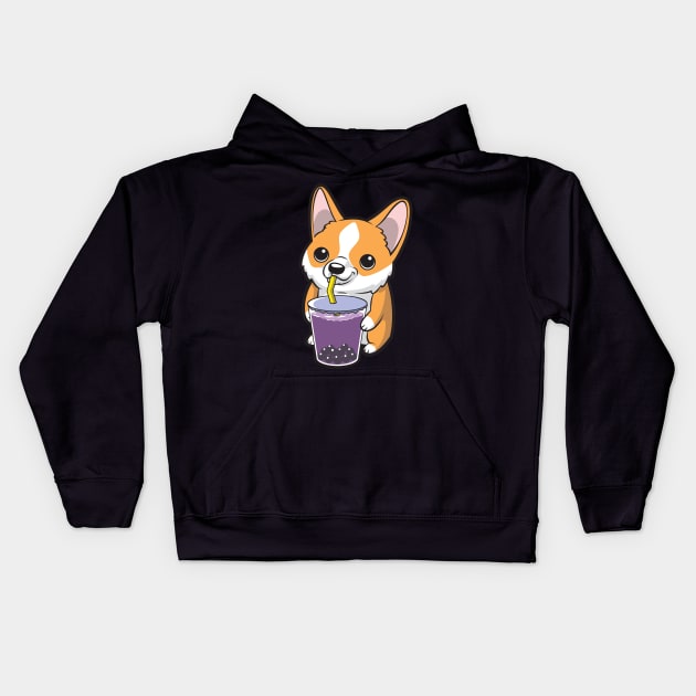 Cute Boba Anime Kawaii Corgi Dog Bubble Milk Tea Kids Hoodie by Beautiful Butterflies by Anastasia